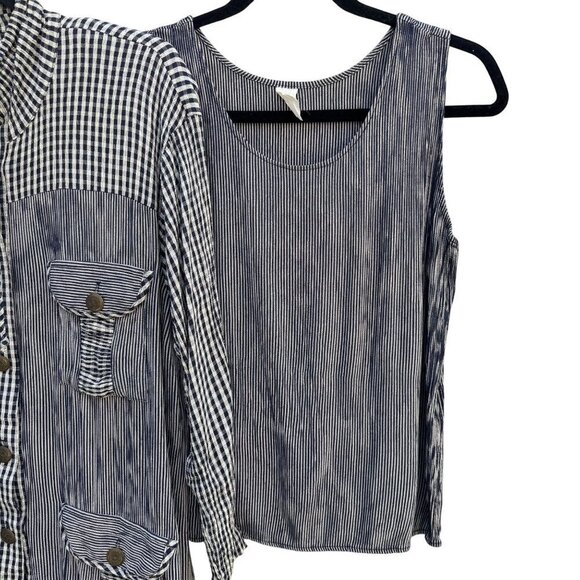 Caribe Vintage Womens Gingham Striped Sleeveless Top Button High Collar Jacket S - Picture 3 of 12